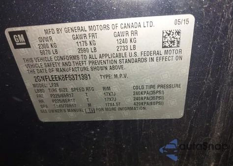 2015 Chevrolet Equinox Ls из США, поврежденный, VIN 2GNFLEEK8F6371391